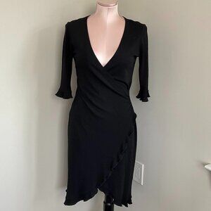 Y2K A.B.S by Allen Schwartz Short Sleeve Plunging Ruffled Wrap Dress Sz S Black